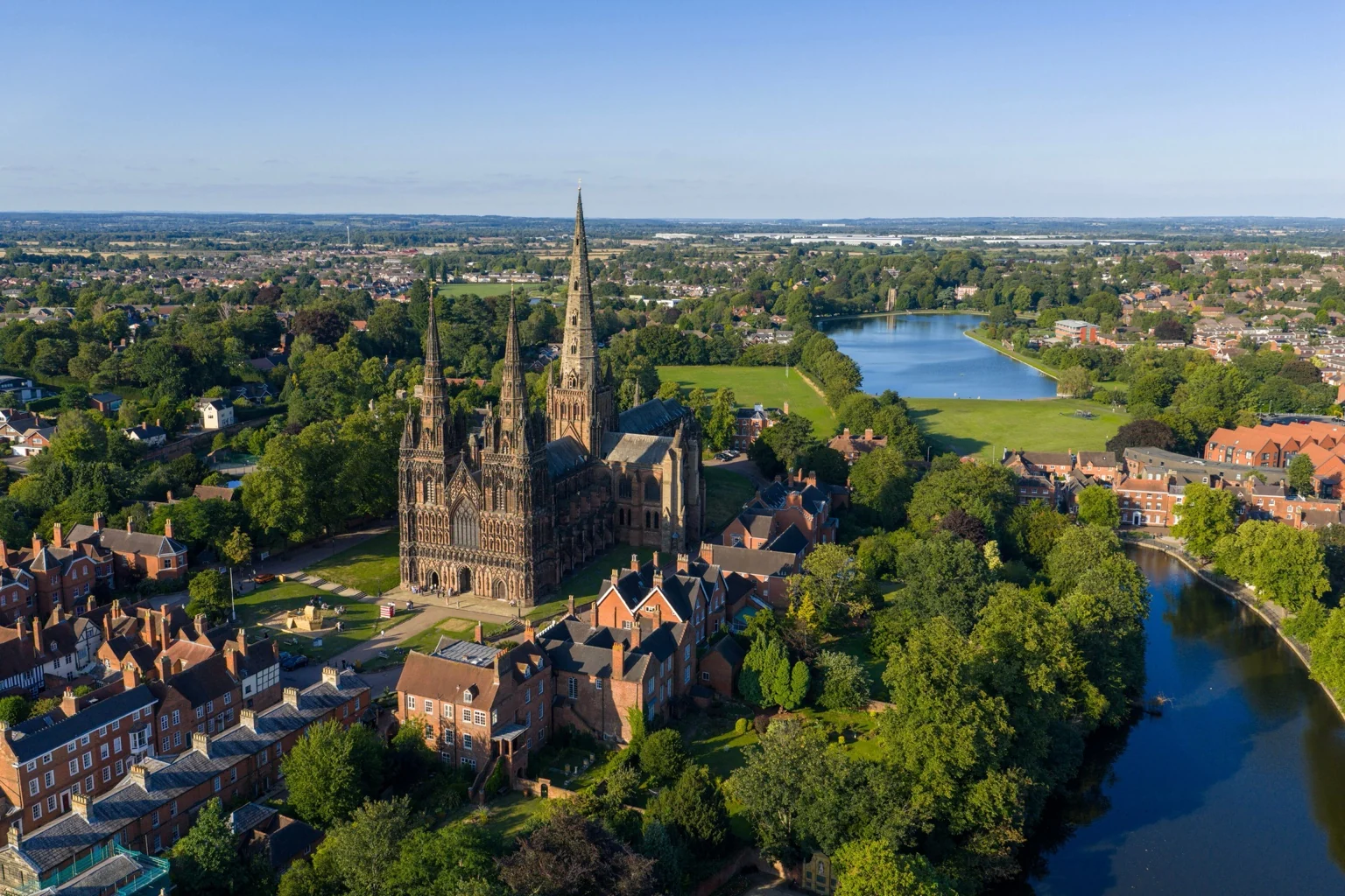 Aerial view of Lichfield Cathedral and the surrounding city